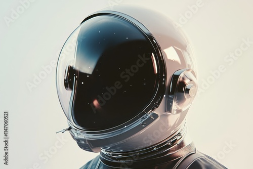 Close-up of a modern astronaut helmet with reflective visor showing faint stars and a futuristic metallic finish on a white background