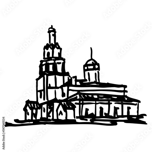 View of the Cathedral of Nativity of the Virgin Mary in Sviyazhsk, Republic of Tatarstan, Russia. Destroyed Russian Orthodox temple. Hand drawn linear doodle rough sketch. Black and white silhouette.