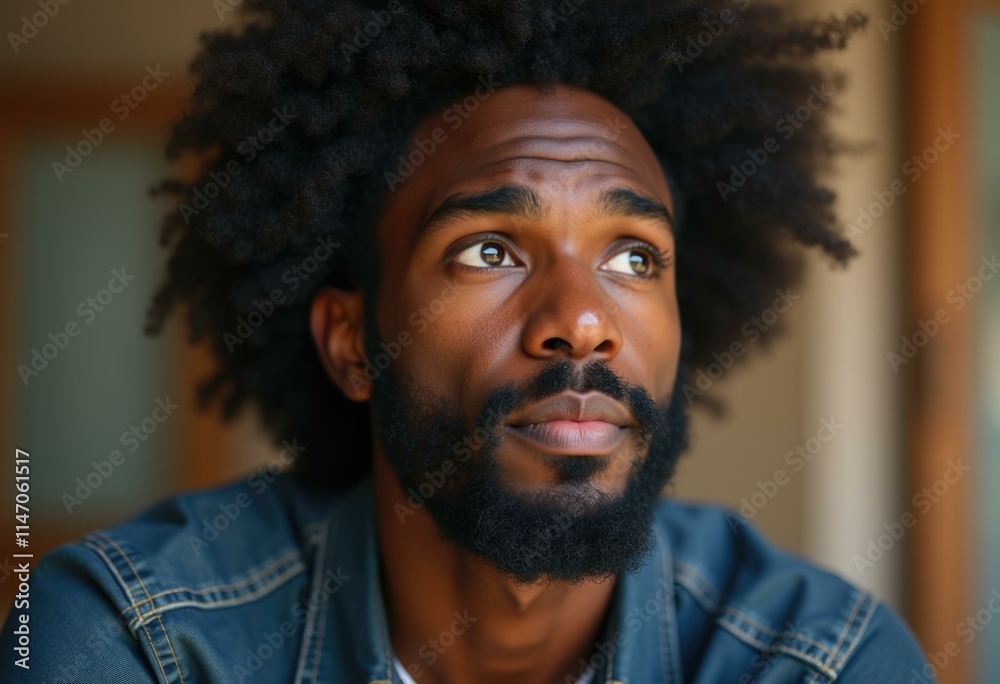 A young man with an afro looks thoughtfully upwards A young man with an afro looks thoughtfully upwards