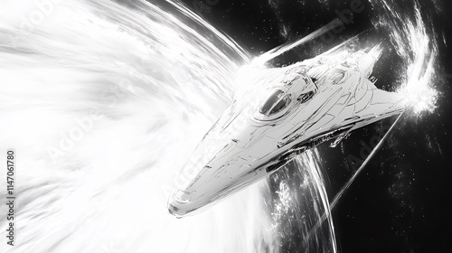 Fototapeta Naklejka Na Ścianę i Meble -  Simplified white white depiction of an energy field surrounding a futuristic spacecraft highlighting the power of cosmic forces in space exploration