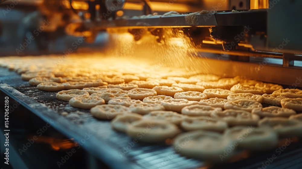 Automated cookie production line in a factory. Automated cookie production line in a factory.