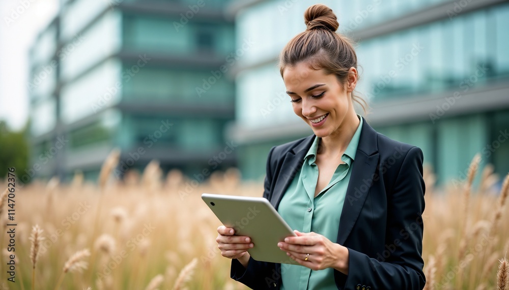 Confident professional working on a tablet in a natural setting with grasses and modern architecture. Concept of productivity, technology integration, and balance in business life. Confident professional working on a tablet in a natural setting with grasses and modern architecture. Concept of productivity, technology integration, and balance in business life.
