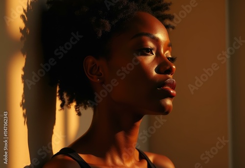 A young woman with dark skin and short, curly hair stares off into the distance, bathed in warm, golden sunlight.