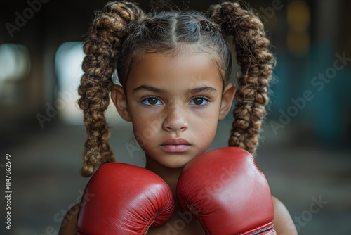 Young boxer trains intensely with red gloves in a gritty gym setting, showcasing determination and skill while photo