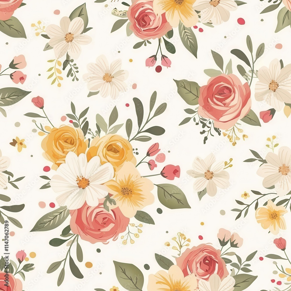 Floral pattern featuring roses and daisies in soft pastel colors on a light background for design projects and decor. Generative AI Floral pattern featuring roses and daisies in soft pastel colors on a light background for design projects and decor. Generative AI