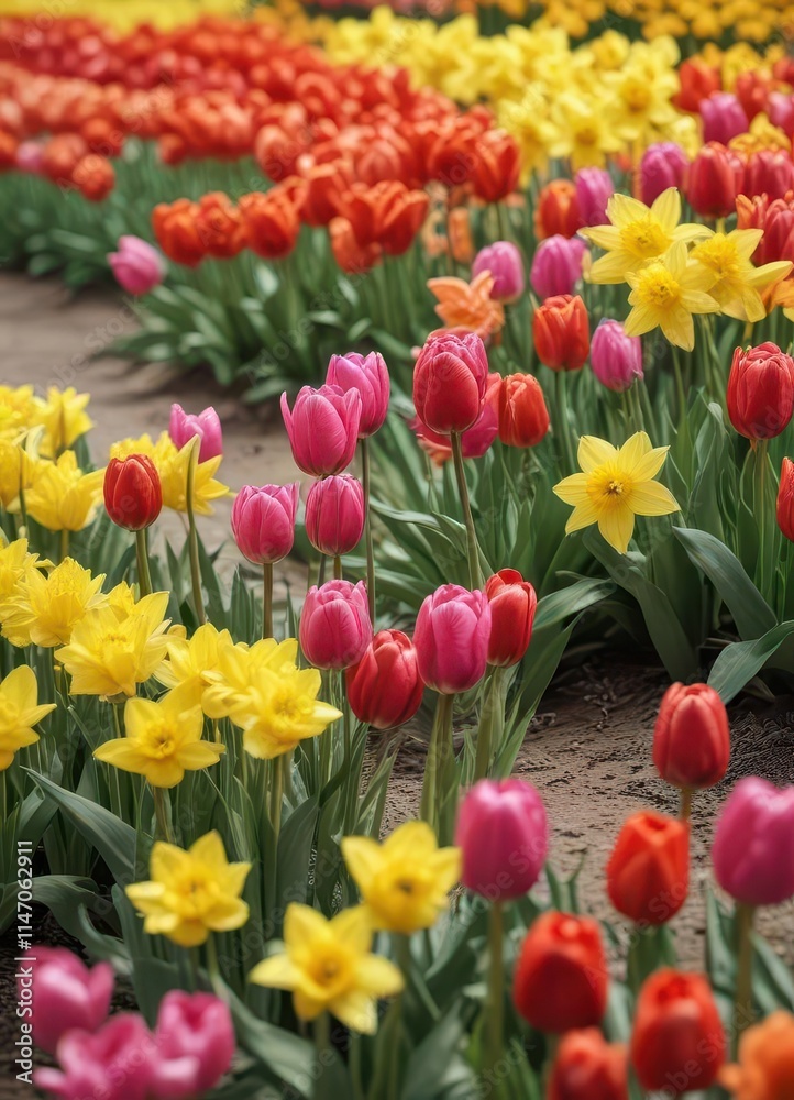 Close-up of tulips and daffodils; vibrant colors, soft focus , beautiful, background, blossom Close-up of tulips and daffodils; vibrant colors, soft focus , beautiful, background, blossom