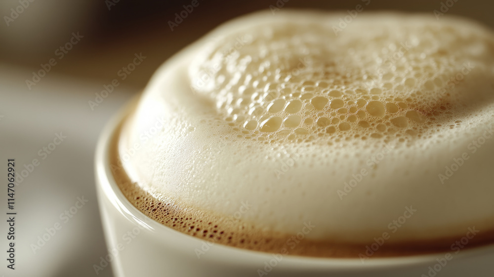 A close-up of frothy cappuccino in a cup. A close-up of frothy cappuccino in a cup.