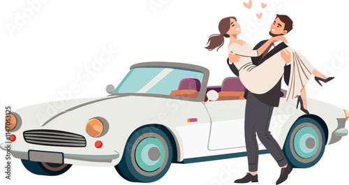 Groom carrying bride near white convertible car after wedding ceremony