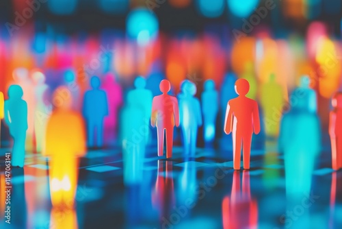Vibrant colorful background with figures of people with selective focus. Human Resource or social networking background. 