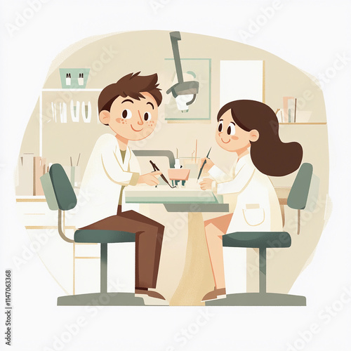 Engaging dental consultation between a friendly dentist and a young patient in a bright, welcoming clinic environment