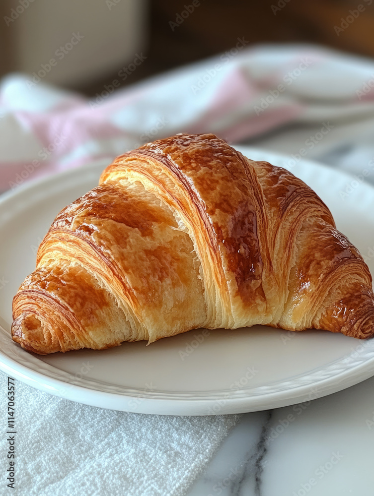 A flaky croissant on a white plate. A flaky croissant on a white plate.