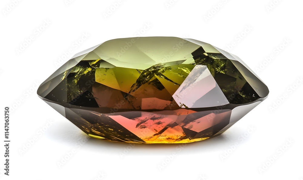 Faceted tourmaline gemstone shows a gradient of colors. Faceted tourmaline gemstone shows a gradient of colors.