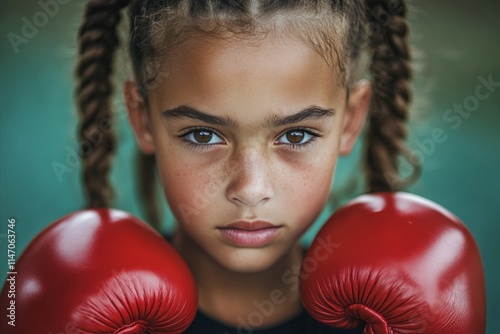 Young boxer trains intensely with red gloves in a gritty gym setting, showcasing determination and skill while photo