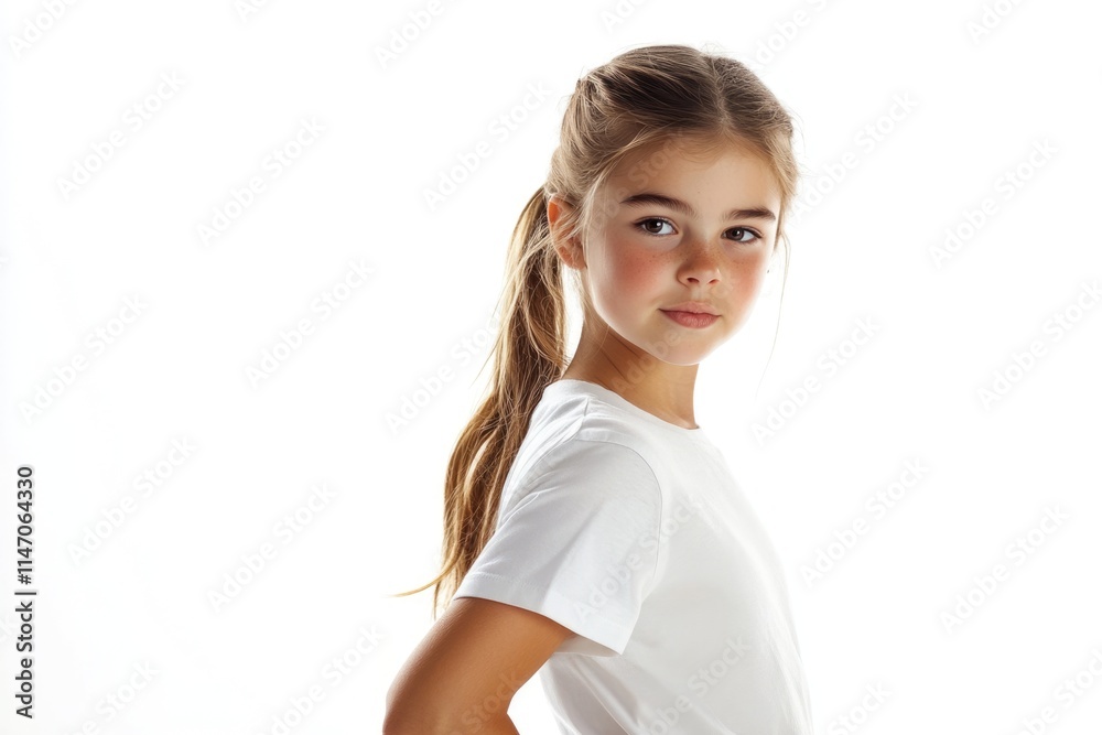 Young girl in white T shirt doing sports exercise on white. Young girl in white T shirt doing sports exercise on white.