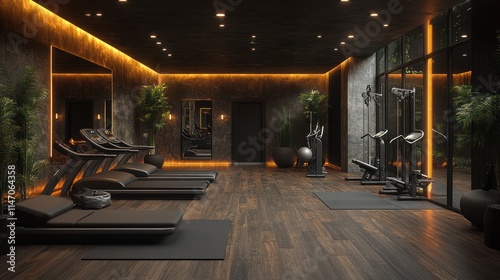 Luxurious dark gym interior with treadmills, elliptical trainers, and yoga mats.
