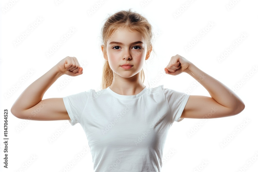 Young girl in white T shirt doing sports exercise on white. Young girl in white T shirt doing sports exercise on white.
