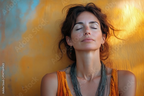 Woman meditating in a serene indoor space filled with natural light and vibrant artwork during a quiet afternoon photo