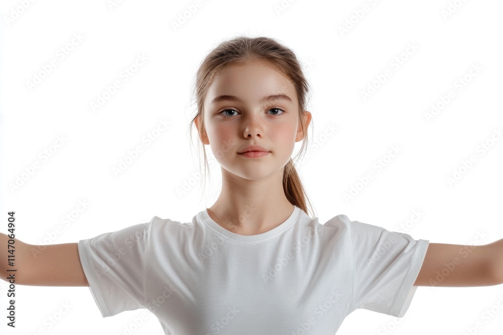 Young girl in white T shirt doing sports exercise on white. Young girl in white T shirt doing sports exercise on white.
