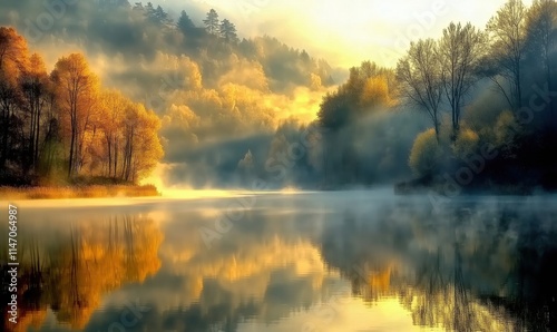 Serene autumn landscape with misty river and colorful trees