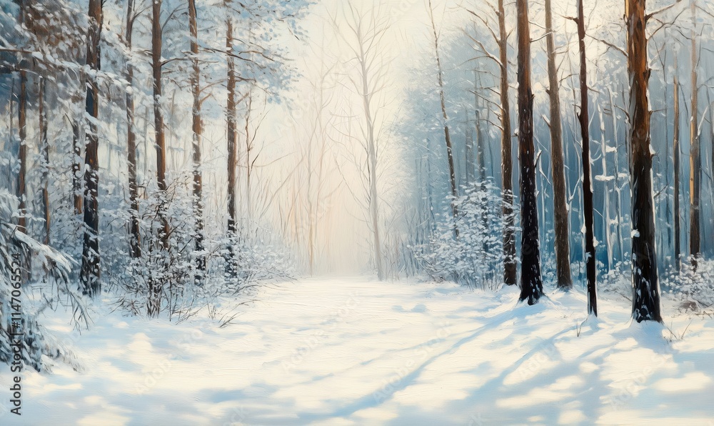 Winter forest landscape with snow-covered trees, serene atmosphere, soft light filtering through branches, tranquil path ahead Winter forest landscape with snow-covered trees, serene atmosphere, soft light filtering through branches, tranquil path ahead