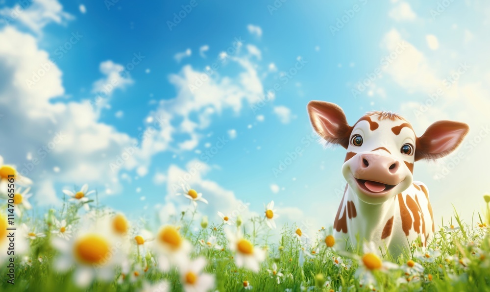 Happy calf in sunny meadow, bright blue sky, fluffy clouds, vibrant flowers, cheerful atmosphere Happy calf in sunny meadow, bright blue sky, fluffy clouds, vibrant flowers, cheerful atmosphere