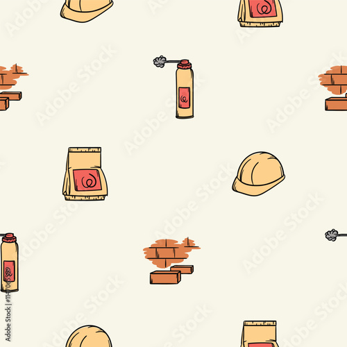 Simple vector seamless pattern with polyurethane foam, construction mixtures, brick wall and hard hat. Editable background with construction and repair signs and symbols, equipment and tools