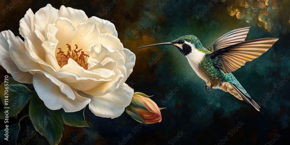 Naklejka premium Vintage Nature Art Print - Hummingbird and Rose