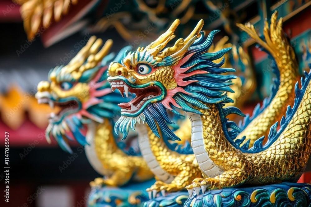 Fototapeta premium Stunning Golden Dragons: A Glimpse into Chinese Culture