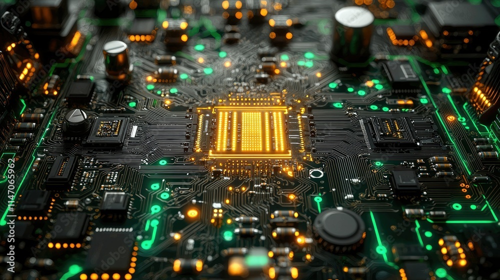 Obraz premium Close-up of a circuit board with glowing components and intricate connections.