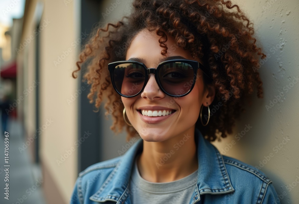 A young woman with curly hair smiles brightly while wearing sunglasses and a denim jacket. A young woman with curly hair smiles brightly while wearing sunglasses and a denim jacket.