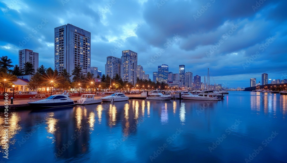 Modern City Waterfront at Blue Hour with Building Reflections Modern City Waterfront at Blue Hour with Building Reflections