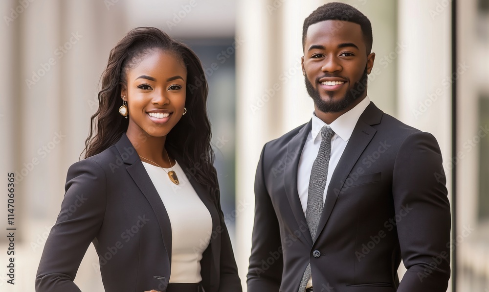 Professional African American couple in business attire, smiling confidently. Portrait captures elegance and professionalism in urban setting. Professional African American couple in business attire, smiling confidently. Portrait captures elegance and professionalism in urban setting.
