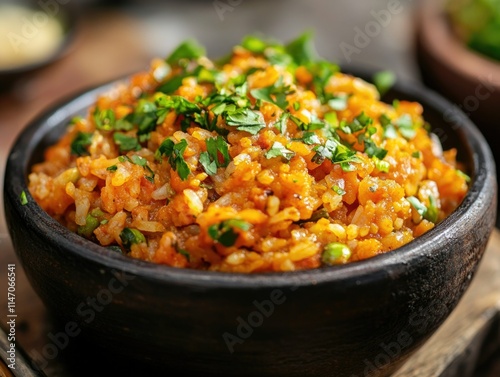 Creamy Rice Bowl with Coriander Garnish, Close-Up