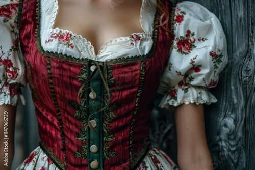 Woman is posing in a traditional bavarian dress, showcasing its intricate embroidery and design photo