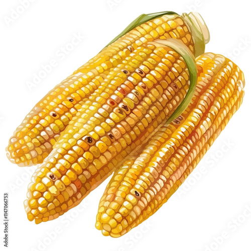 A watercolor vector of freshly grilled corn on the cob, isolated on a white background. Grilled corn on the cob vector.
