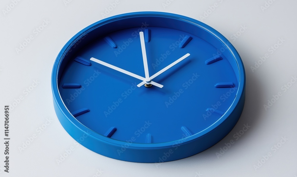 Blue clock with white hands, modern design, minimalist style, round shape, wall decor, vibrant color, clean lines, contemporary aesthetic Blue clock with white hands, modern design, minimalist style, round shape, wall decor, vibrant color, clean lines, contemporary aesthetic