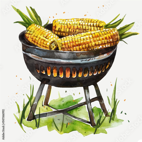 A watercolor vector of freshly grilled corn on the cob, isolated on a white background. Grilled corn on the cob vector.
