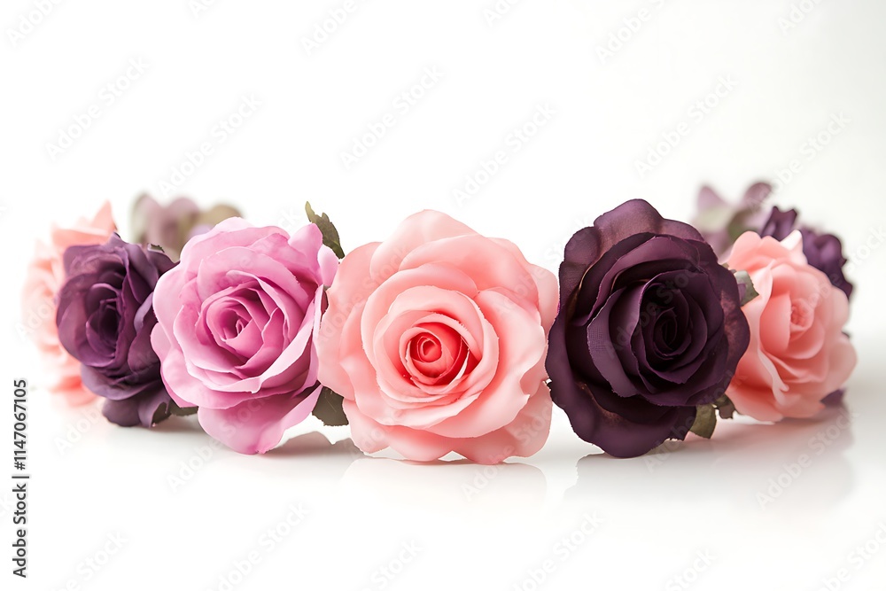 High-res floral crown featuring pink and purple roses, isolated on white, detailed image. High-res floral crown featuring pink and purple roses, isolated on white, detailed image.