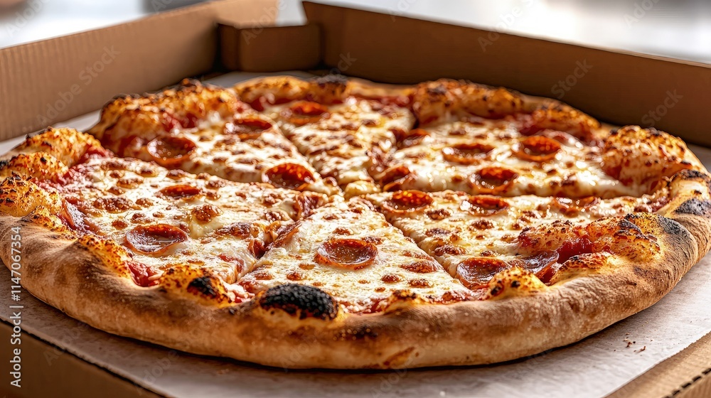 Delicious pepperoni pizza in a box, sliced and ready to eat. Delicious pepperoni pizza in a box, sliced and ready to eat.