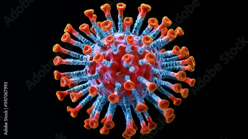 Coronavirus 2019-nCov novel coronavirus concept resposible for SARS-CoV-2 outbreak and coronaviruses influenza as dangerous flu strain cases as a pandemic. Microscope virus close up. 3d rendering.
 photo