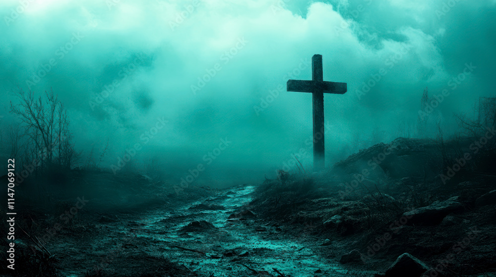 Mysterious fog envelops a weathered cross in a desolate landscape during twilight hours Mysterious fog envelops a weathered cross in a desolate landscape during twilight hours