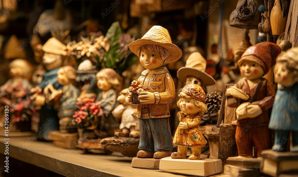 Wooden figurines, boy, girl, flowers, shelf display.