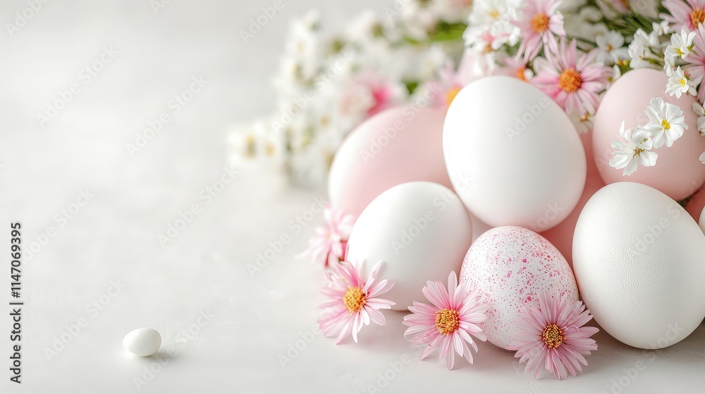 Pastel Easter eggs and flowers on white background. Pastel Easter eggs and flowers on white background.