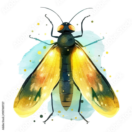 A watercolor vector of a glowing firefly lighting up the night, isolated on a white background. Glowing firefly lighting vector.
