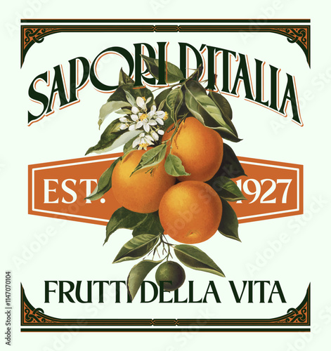 logo graphic slogan, oranges print, urban style with italian texts, art with vintage illustration style, texts of flavors of life and fruit of life. Country club summer SS24 tennis crest sport 