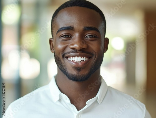 Young Man Smiling in Indoor Setting