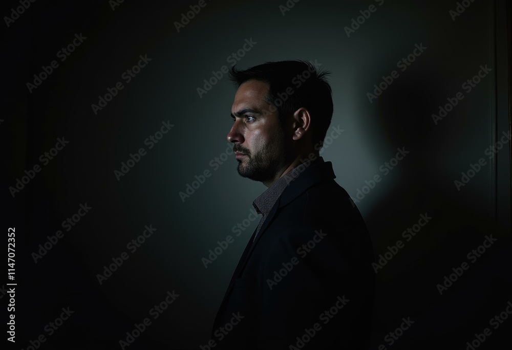 A man in a suit stands in profile, his face partially obscured by shadows. A man in a suit stands in profile, his face partially obscured by shadows.