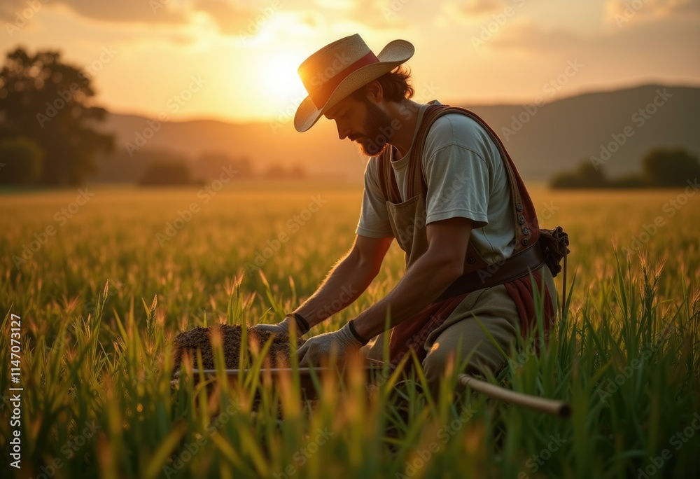 A farmer examines soil in a field at sunset. A farmer examines soil in a field at sunset.