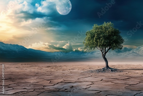 Lone tree stands resilient against a dramatic sky in a parched landscape at dusk photo