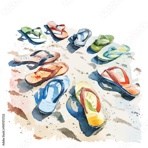 A watercolor vector of a group of flip-flops scattered on the sand, isolated on a white background. Flip-flops sand vector.
